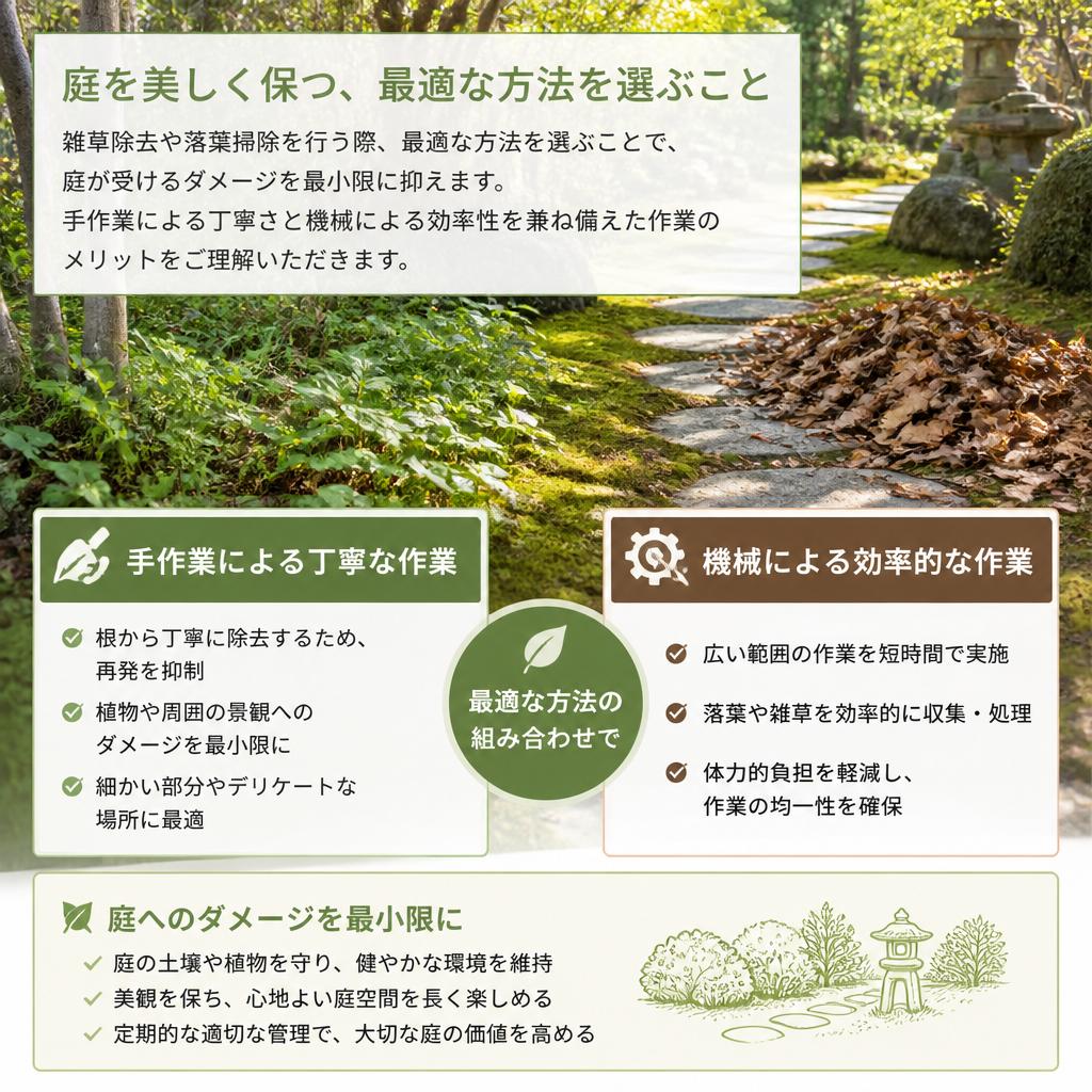 あなたの庭を守るために：手作業と機械の使い分け