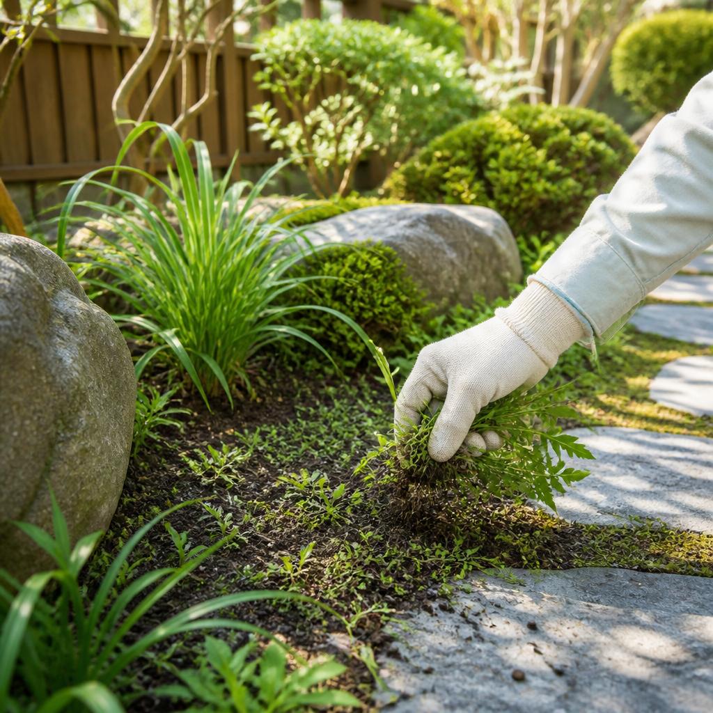 手作業で丁寧に、大野城市の庭を整える除草作業