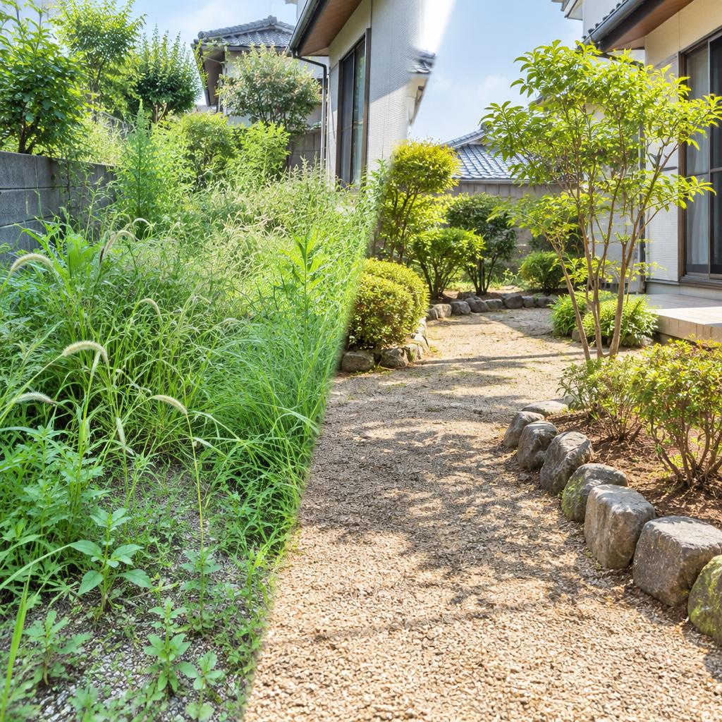 那珂川市の庭、雑草のお悩みをすっきり解決。丁寧な手作業と機械作業で、心地よい庭を取り戻します。
