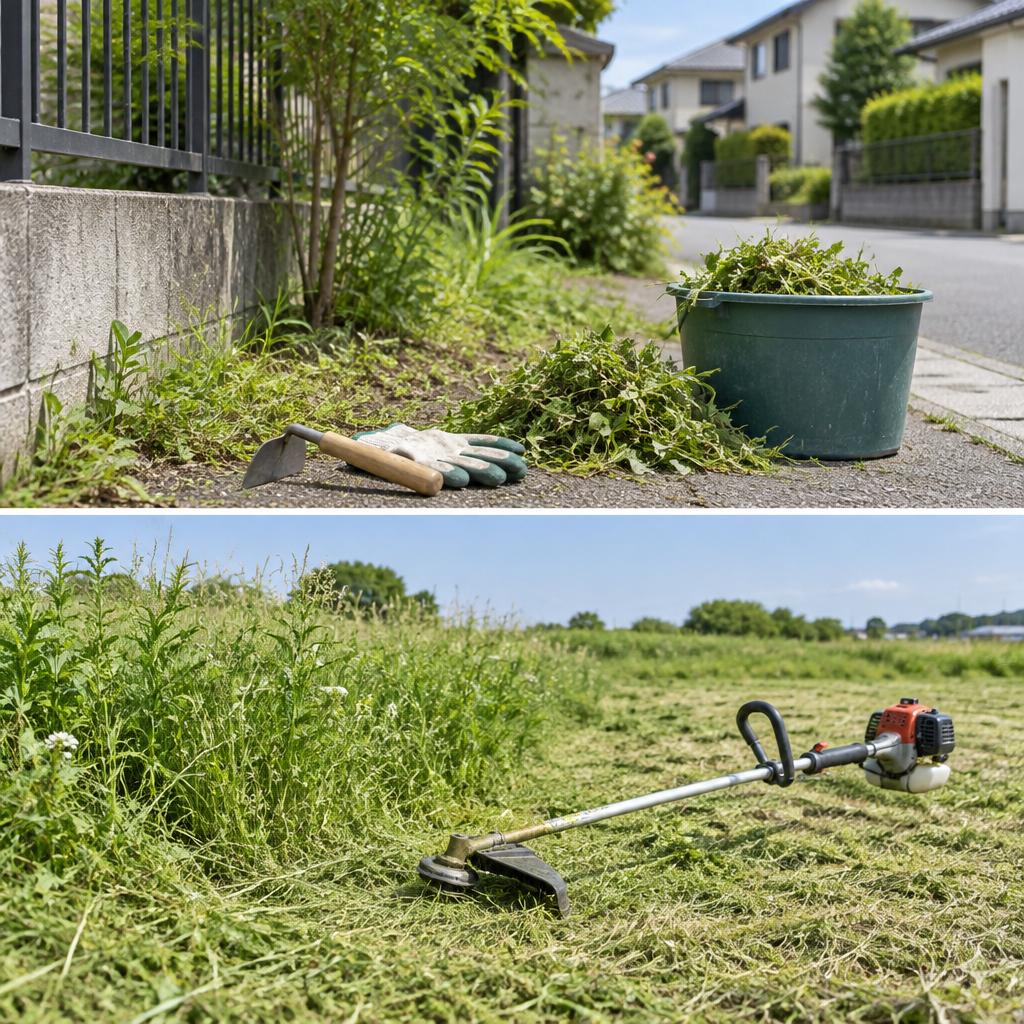 雑草対策は、場所に合わせた手作業と機械で